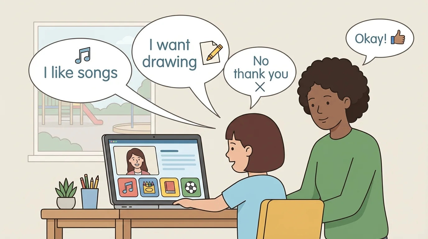 child on a video call with caregiver nearby using speech bubbles such as I like songs, I want drawing, and No thank you