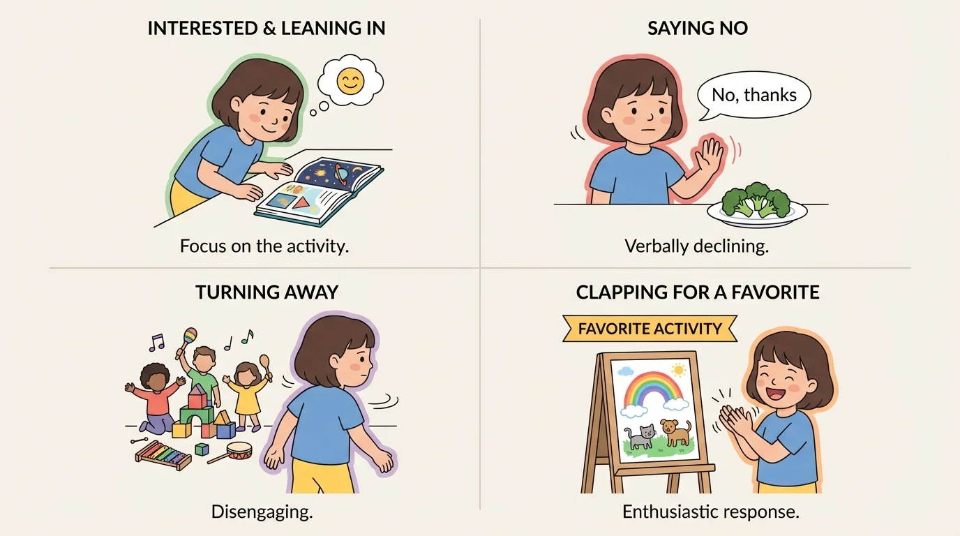 four-panel illustration of a child smiling and leaning in, saying no, turning away, and clapping for a favorite activity