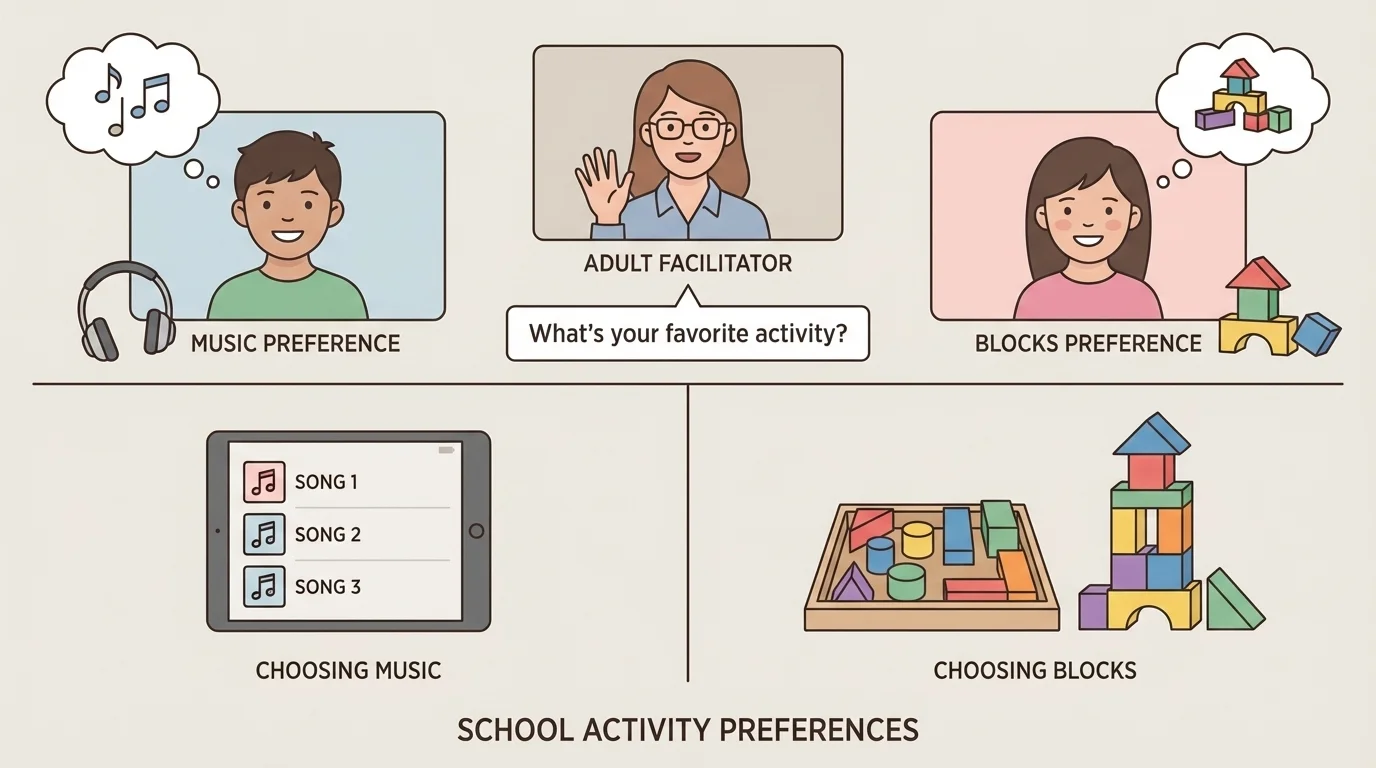 split-screen video call with one child choosing music and another choosing blocks, both smiling while an adult leads turns