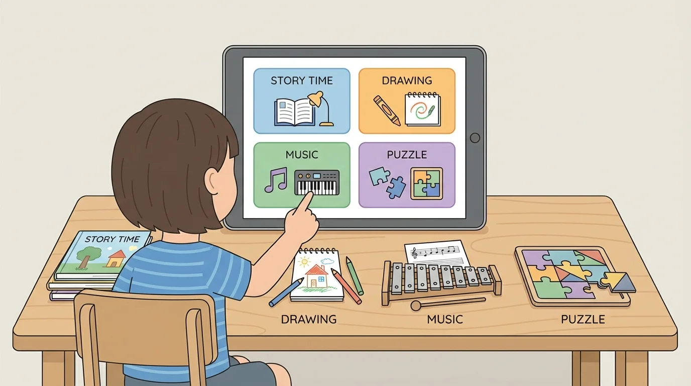 child at home learning space choosing between story time, drawing, music, and puzzle activities on a screen and table