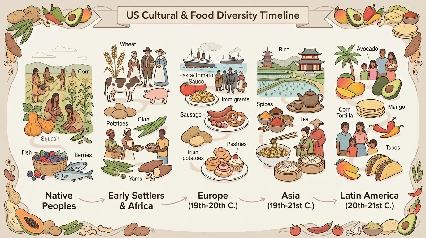 simple timeline with Native peoples first, then early settlers, then families from Africa, Europe, Asia, and Latin America bringing foods and traditions over time