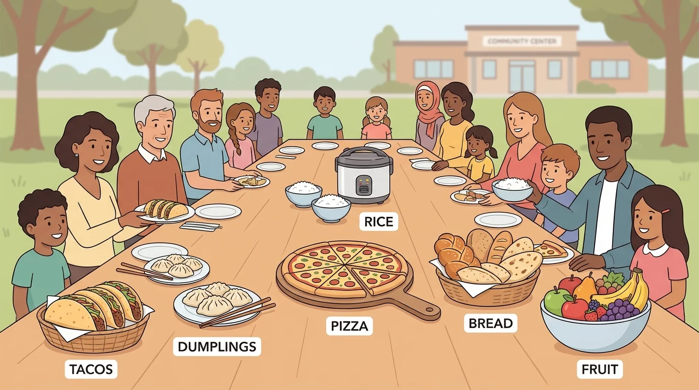 children and families sharing tacos, dumplings, pizza, rice, bread, and fruit at one long community table