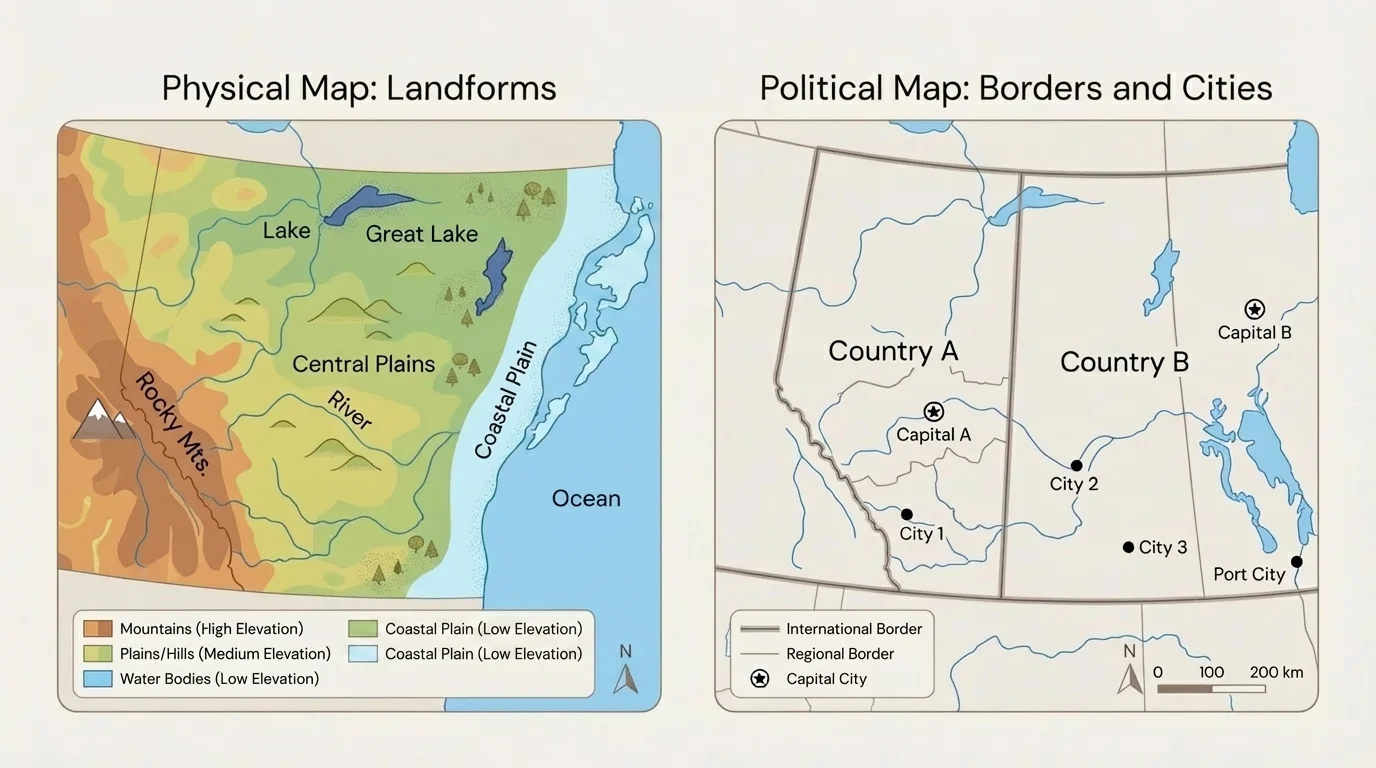 Side-by-side maps of the same region showing landforms on one map and borders and cities on the other