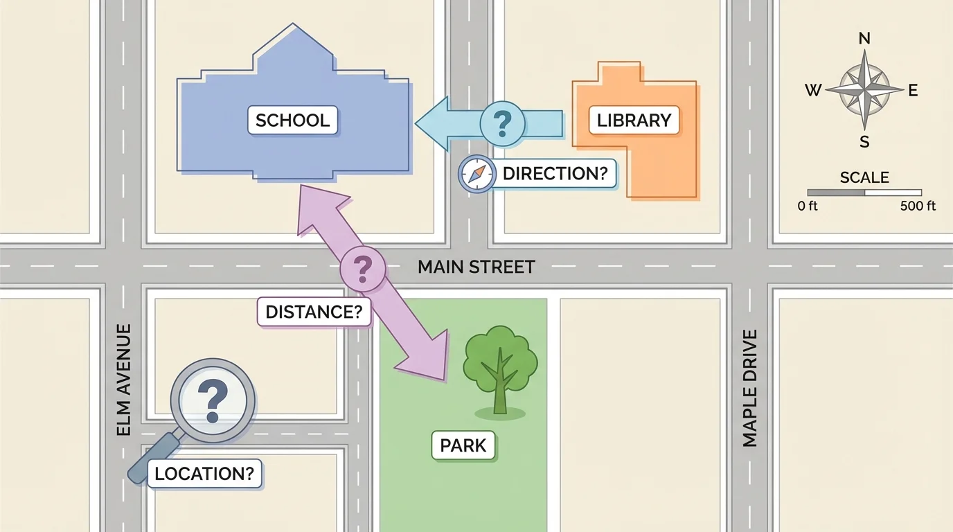 Neighborhood map with labeled school, library, park, streets, and arrows highlighting distance, direction, and location question areas