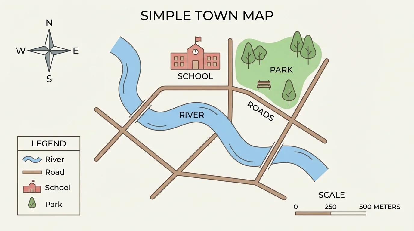 Simple town map with park, school, river, roads, title, compass rose, legend, and scale bar labeled