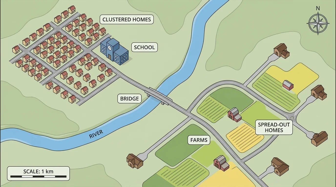 Map of a small community with river, bridge, homes, farms, school, and roads showing clustered and spread-out places