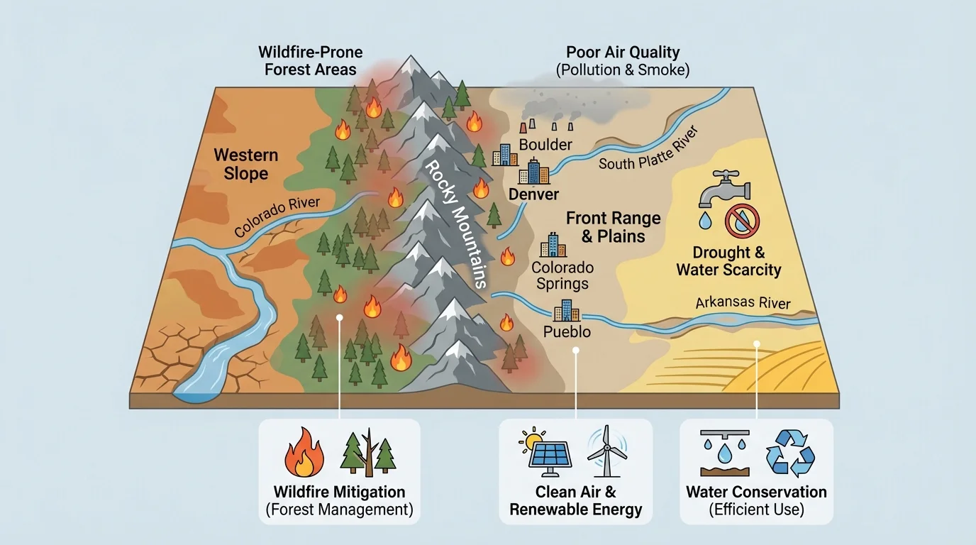 Simple map of Colorado showing Rocky Mountains, Front Range cities, plains, western slope, major rivers, and wildfire-prone forest areas