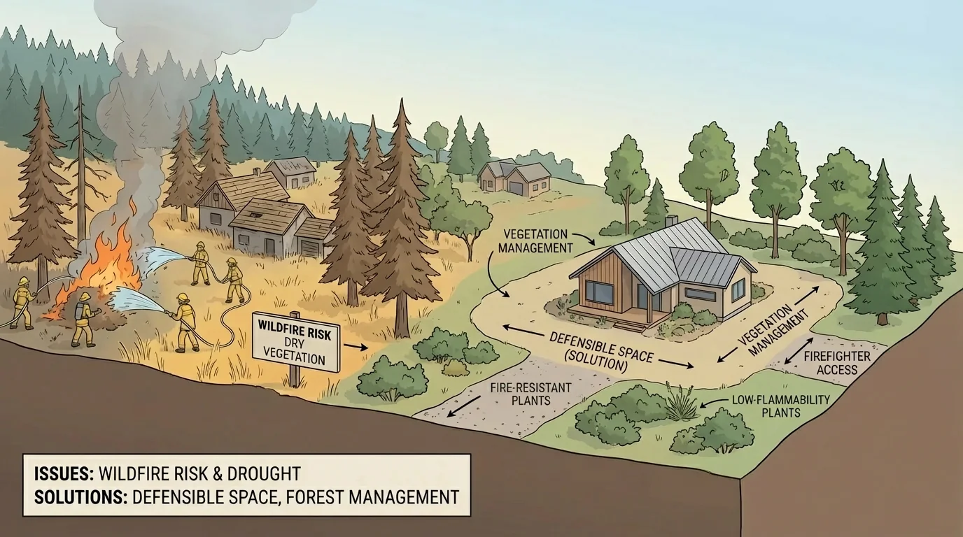 Illustration of a forested hillside near homes with dry trees, defensible space around one house, and firefighters responding to a small wildfire