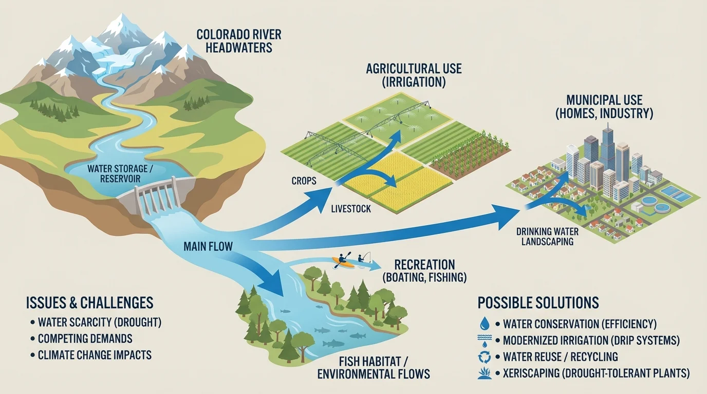 Diagram of a Colorado river flowing from mountains to farms and a city, with arrows showing water use for homes, crops, fish habitat, and boating