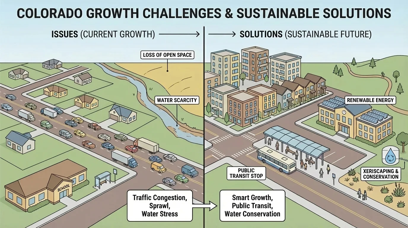 Illustration of a growing Colorado town with apartments, houses, roads, a school, bus stop, and nearby open land