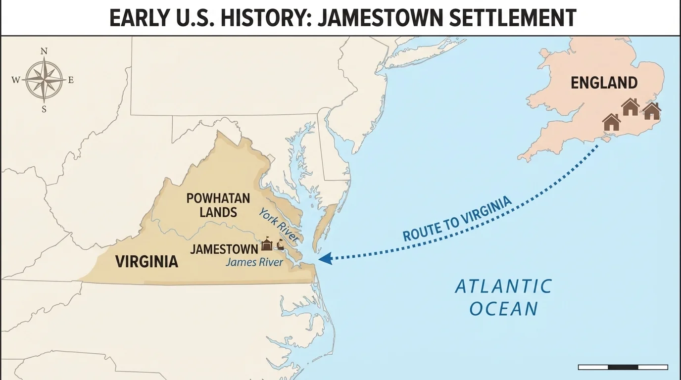 map of eastern North America showing Atlantic Ocean, England-to-Virginia route, Jamestown in Virginia, and nearby Powhatan lands