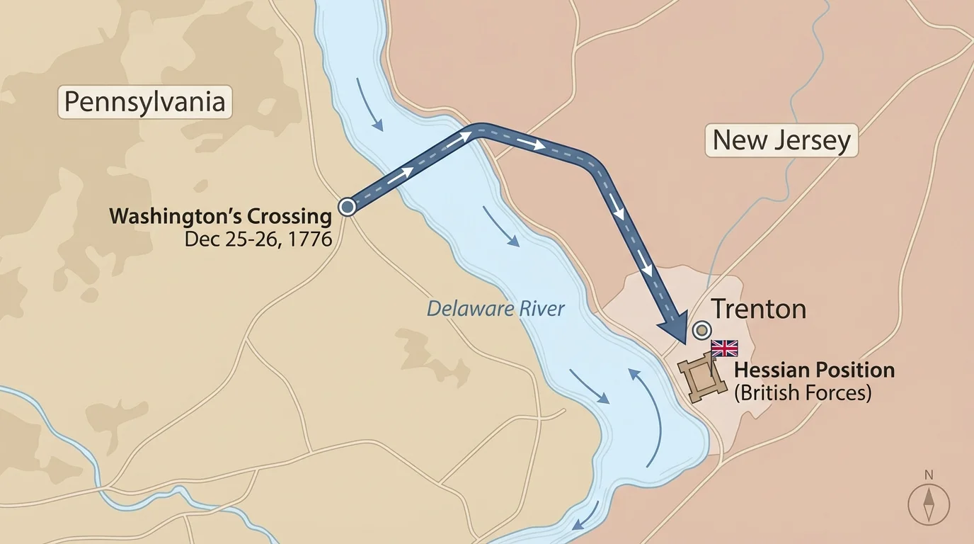 map showing Pennsylvania, Delaware River crossing point, route into New Jersey, and Trenton with Hessian position