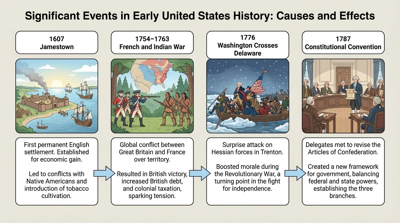 timeline with four labeled events: Jamestown 1607, French and Indian War 1754–1763, Washington crosses Delaware 1776, Constitutional Convention 1787