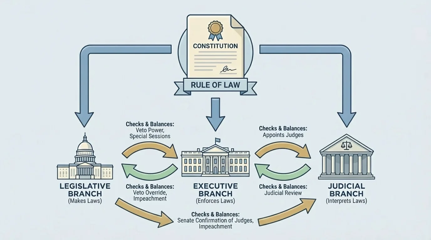 Constitution at the top with arrows to legislative branch makes laws, executive branch enforces laws, judicial branch interprets laws, plus side arrows showing checks and balances among the branches