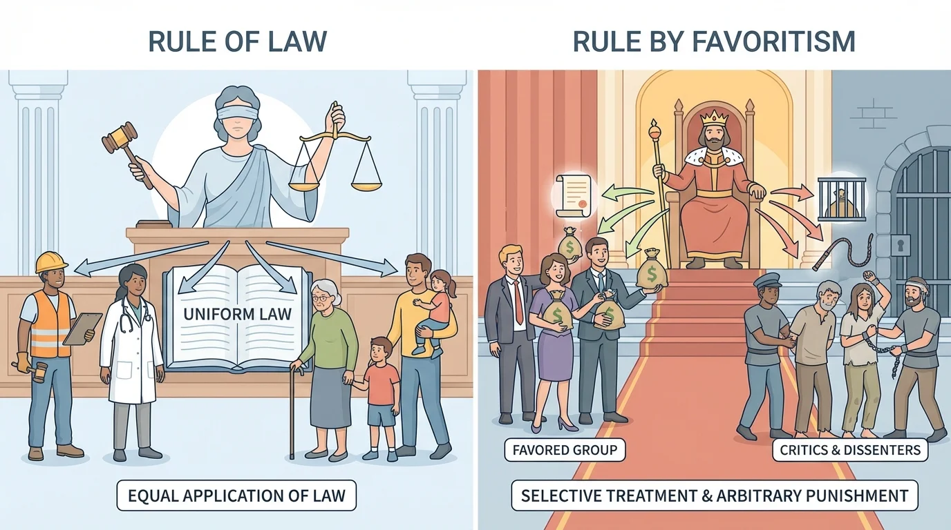 Two-panel scene comparing rule of law and rule by favoritism; one panel shows a judge applying the same rule to diverse citizens, the other shows a ruler giving special treatment to friends and harsh punishment to critics