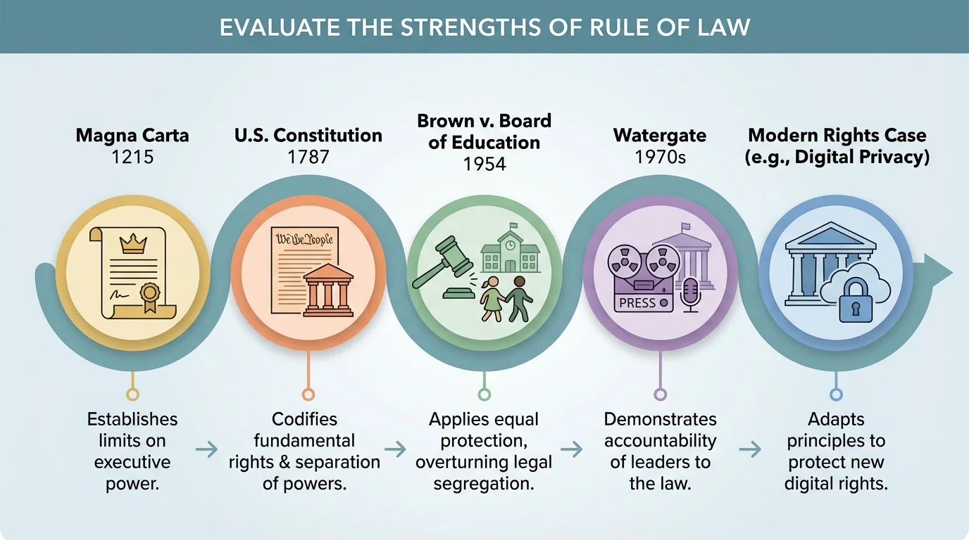Timeline with key milestones: Magna Carta 1215, U.S. Constitution 1787, Brown v. Board of Education 1954, Watergate 1970s, modern rights case; simple icons and short labels