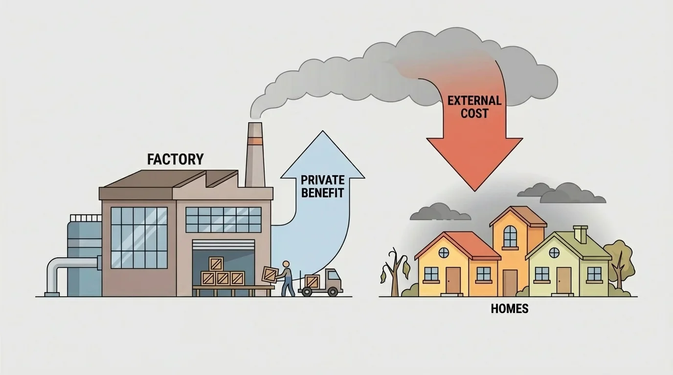 Factory producing goods while smoke affects nearby homes, with arrows showing private benefit and external cost