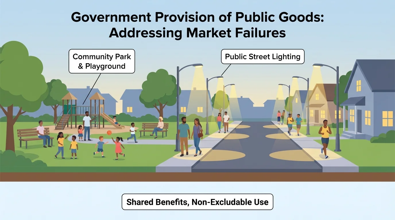 Neighborhood street with public lighting and a park used by many residents, highlighting shared benefits and inability to exclude non-payers