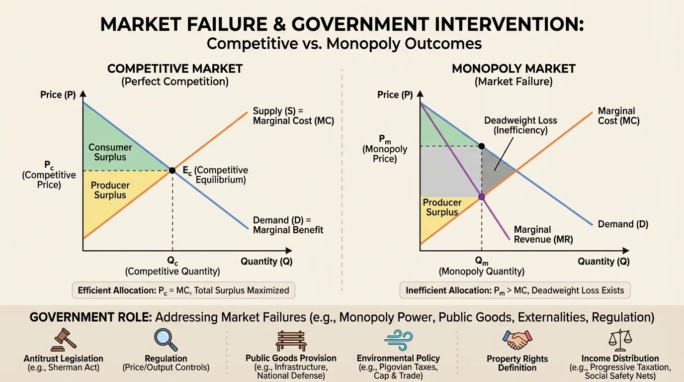Side-by-side graph comparing competitive equilibrium and monopoly outcome with lower quantity and higher price under monopoly