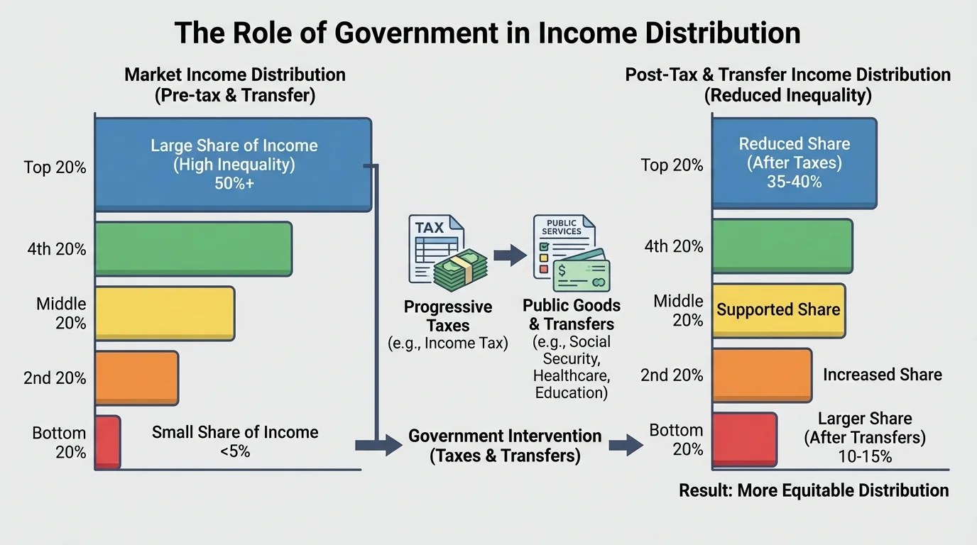 Chart showing market income distribution and post-tax, post-transfer distribution with reduced inequality