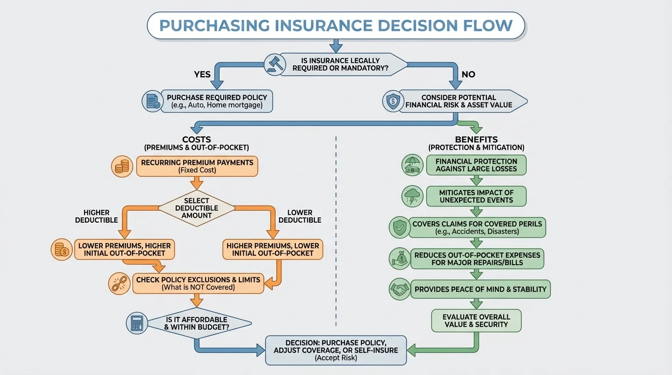 decision flow for choosing insurance based on legal requirement, size of possible loss, deductible, exclusions, and affordability