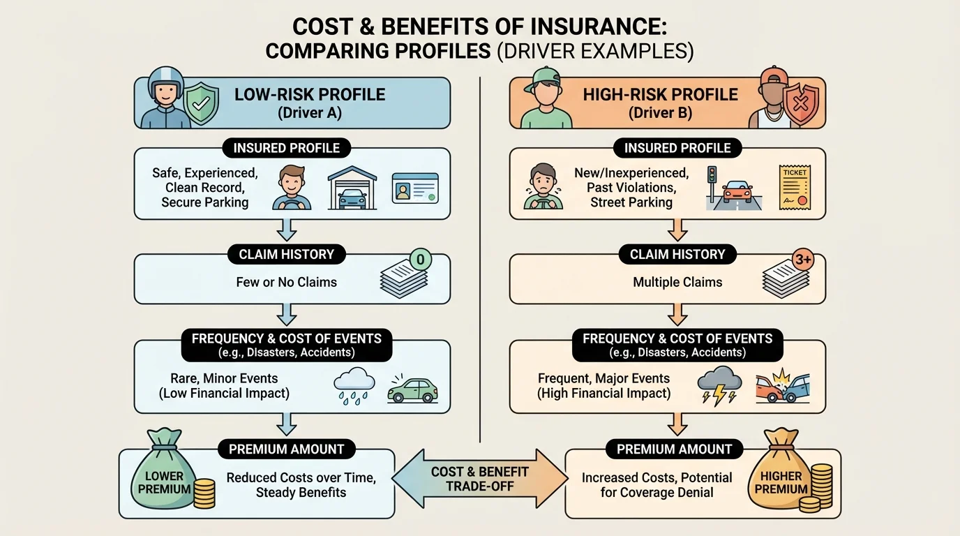 comparison chart of two insured driver profiles with low-risk and high-risk traits, different claim histories, and different premium amounts