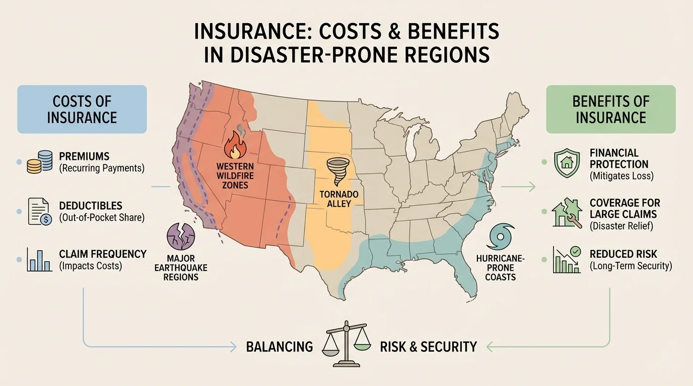 United States map highlighting hurricane-prone coasts, tornado alley, western wildfire zones, and major earthquake regions