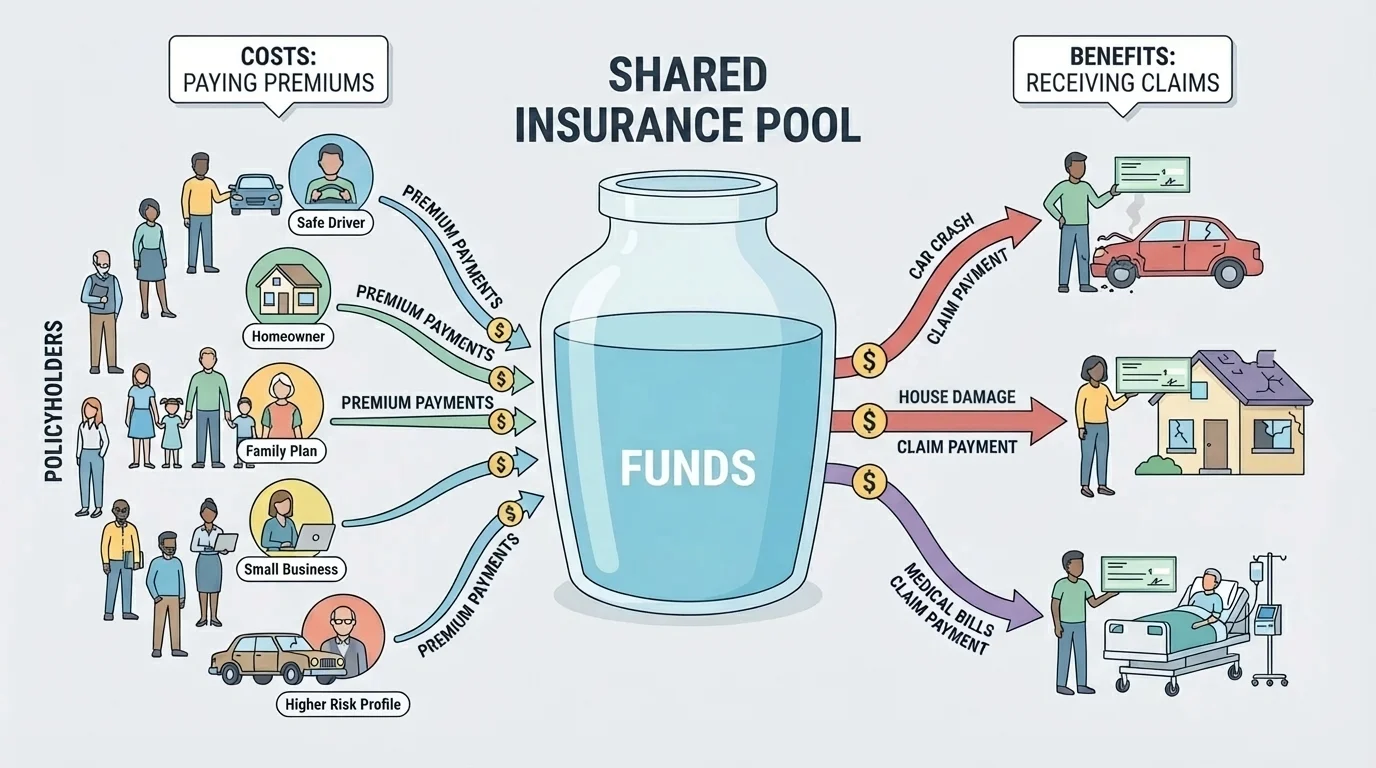 many policyholders paying premiums into a shared insurance pool and a smaller number receiving claim payments for car crash, house damage, and medical bills