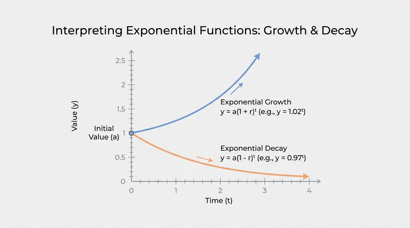 Graph showing two exponential curves starting at the same initial value, one increasing and one decreasing, on labeled coordinate axes