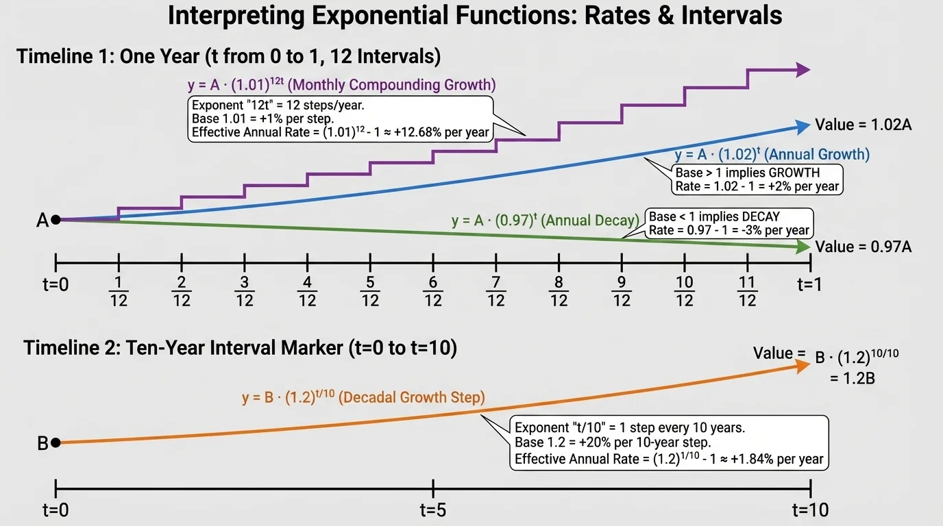 Timeline comparing one year split into 12 equal intervals and a separate 10-year interval marker to show how exponents represent repeated growth steps