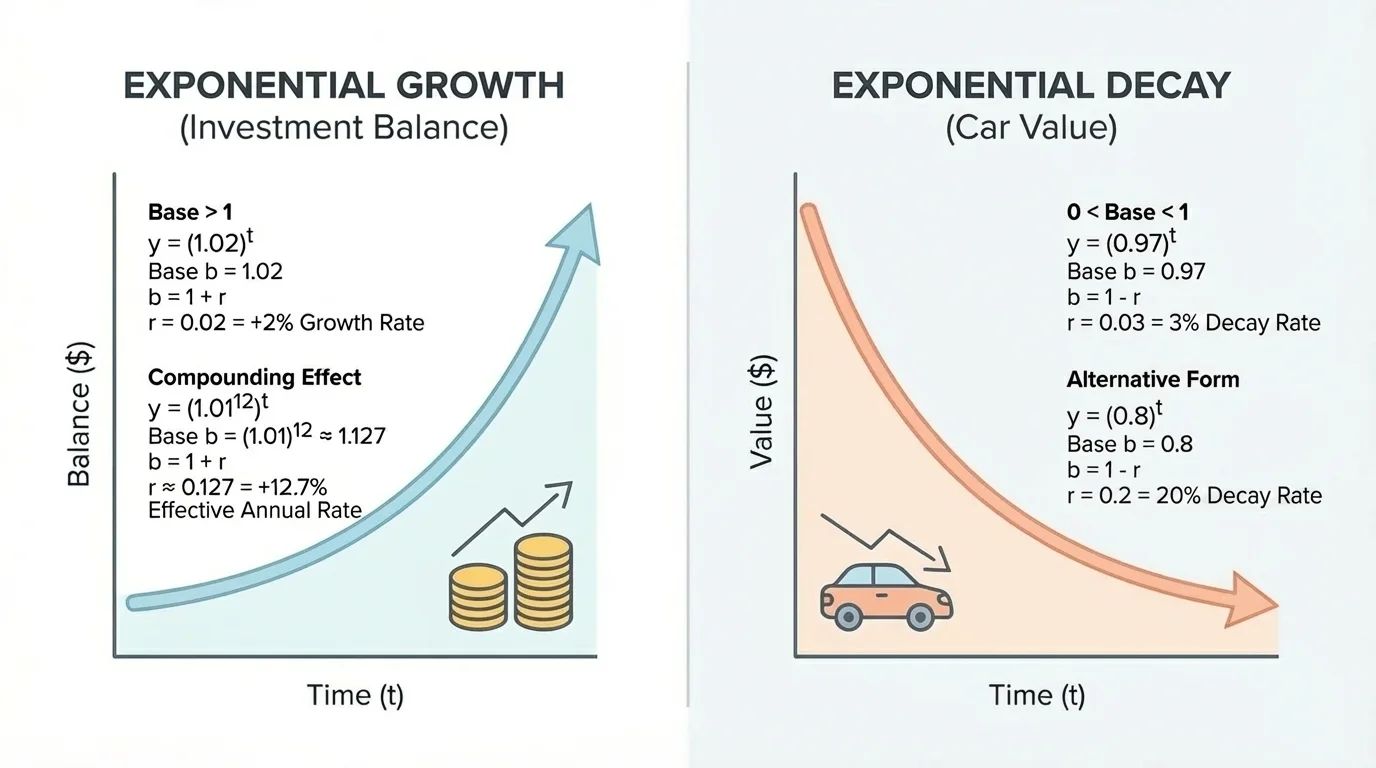 Split scene showing an investment balance trend rising on one side and a car or machine value trend falling on the other, each with simple labeled axes