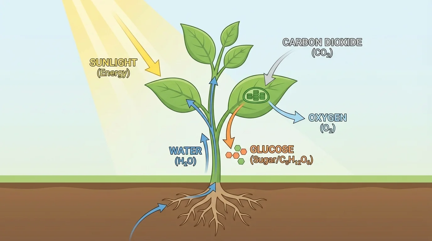 Simple photosynthesis diagram showing sunlight reaching leaves, carbon dioxide entering leaves, water moving up from roots, glucose made in leaves, and oxygen released