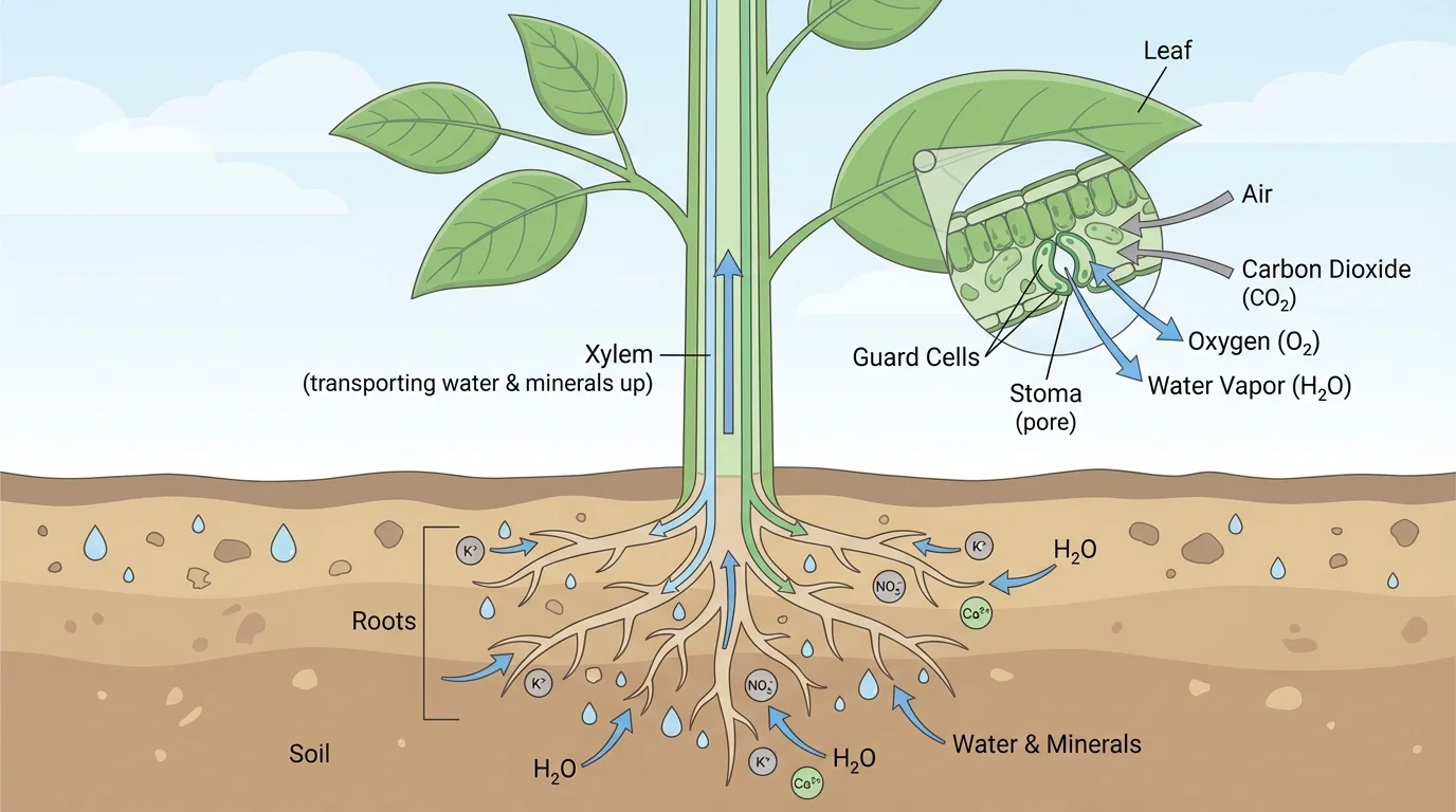 Labeled plant showing roots absorbing water and minerals from soil and leaves taking in carbon dioxide from air through stomata