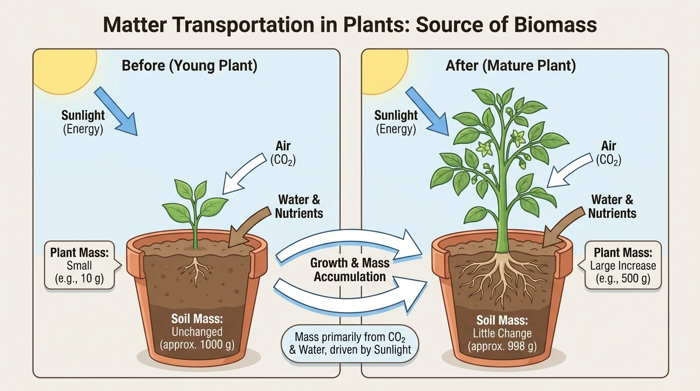 Comparison of a small young plant and a much larger grown plant in the same pot, with labels showing large increase in plant mass and little change in soil mass