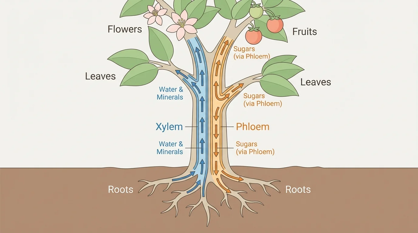 Cross-section style plant diagram with arrows showing xylem carrying water upward from roots and phloem carrying sugars from leaves to roots, stems, flowers, and fruits