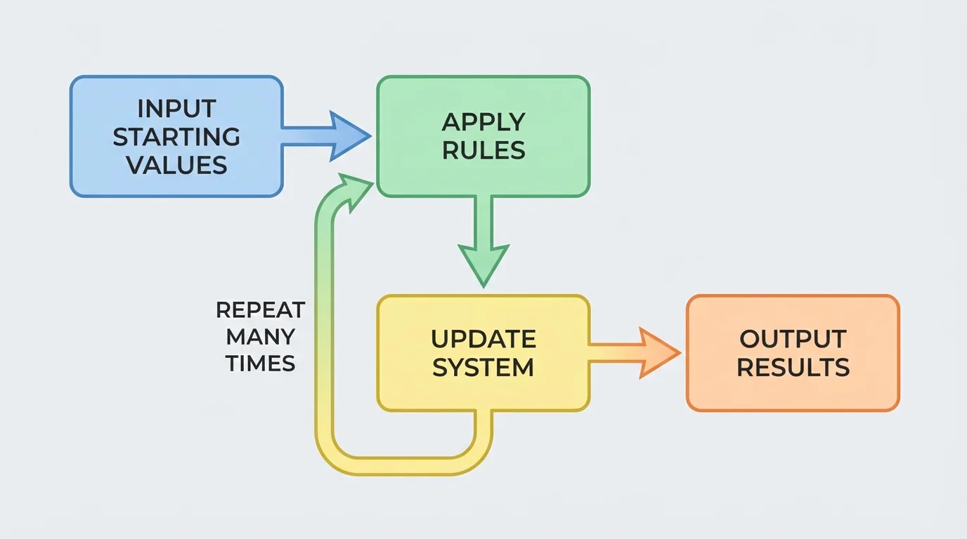flowchart showing a simulation cycle with boxes for input starting values, apply rules, update system, repeat many times, and output results