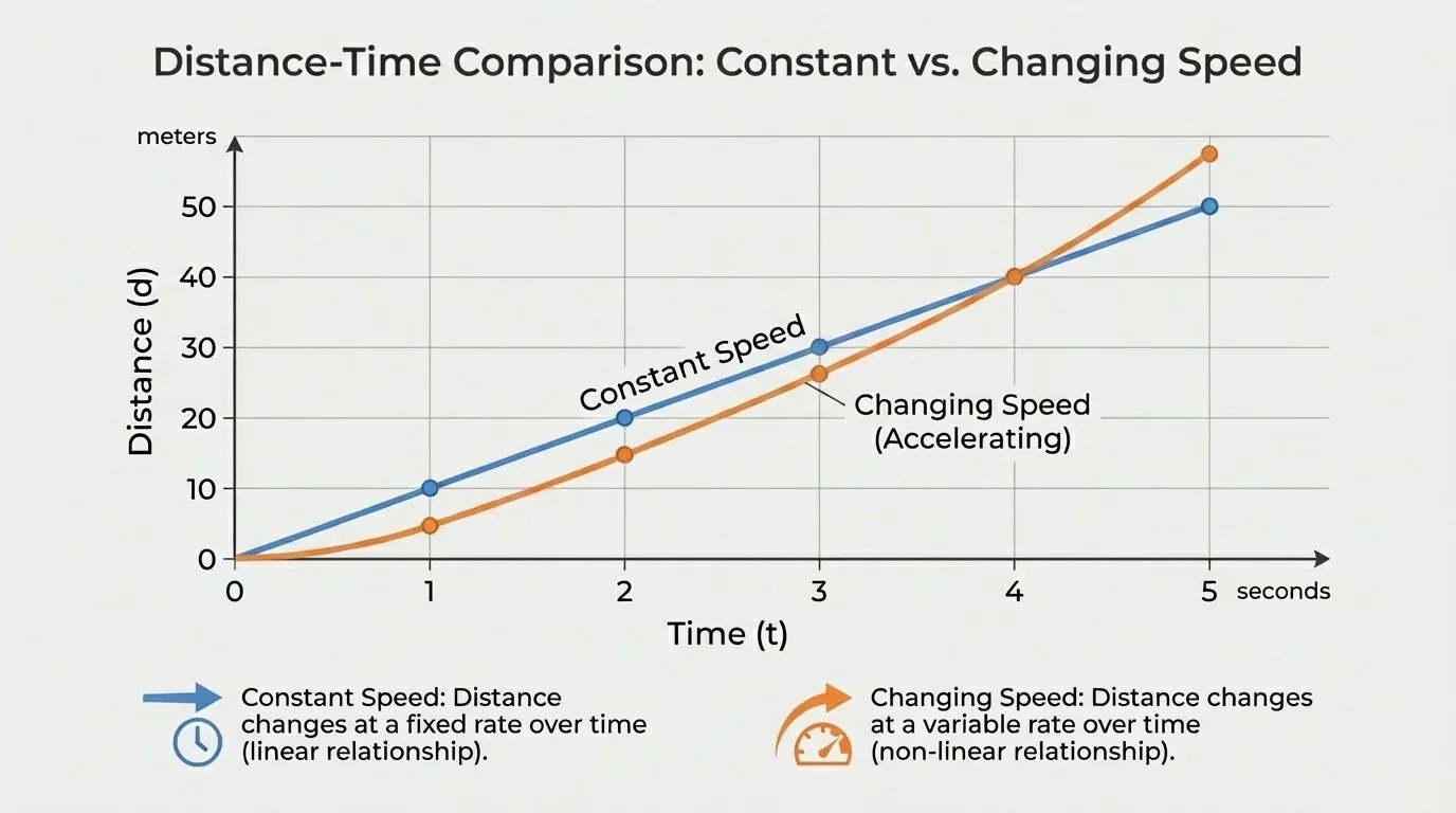 graph comparing two motion lines on axes labeled time and distance, one straight line for constant speed and one curved or steeper-changing line for changing speed
