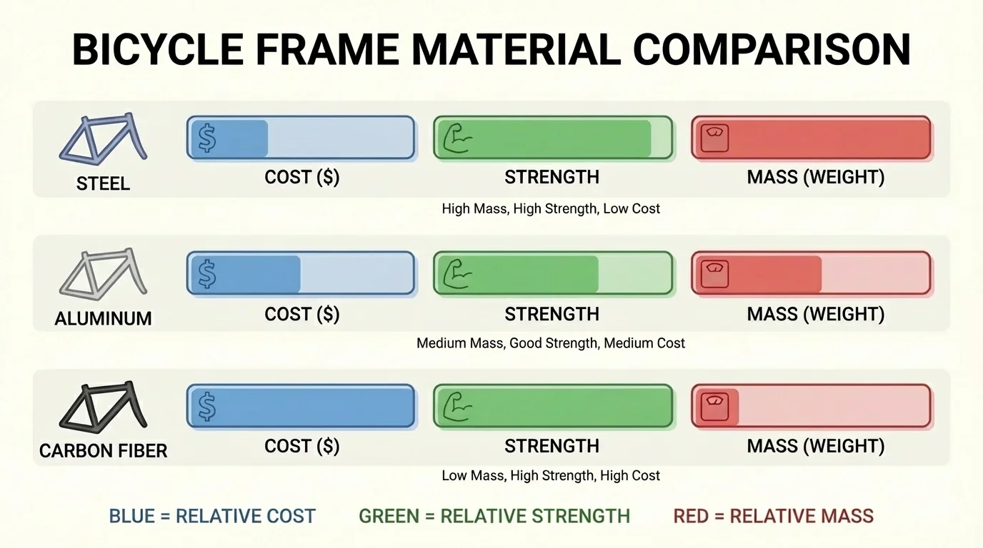 comparison chart of three materials for a bicycle frame with bars for cost, strength, and mass