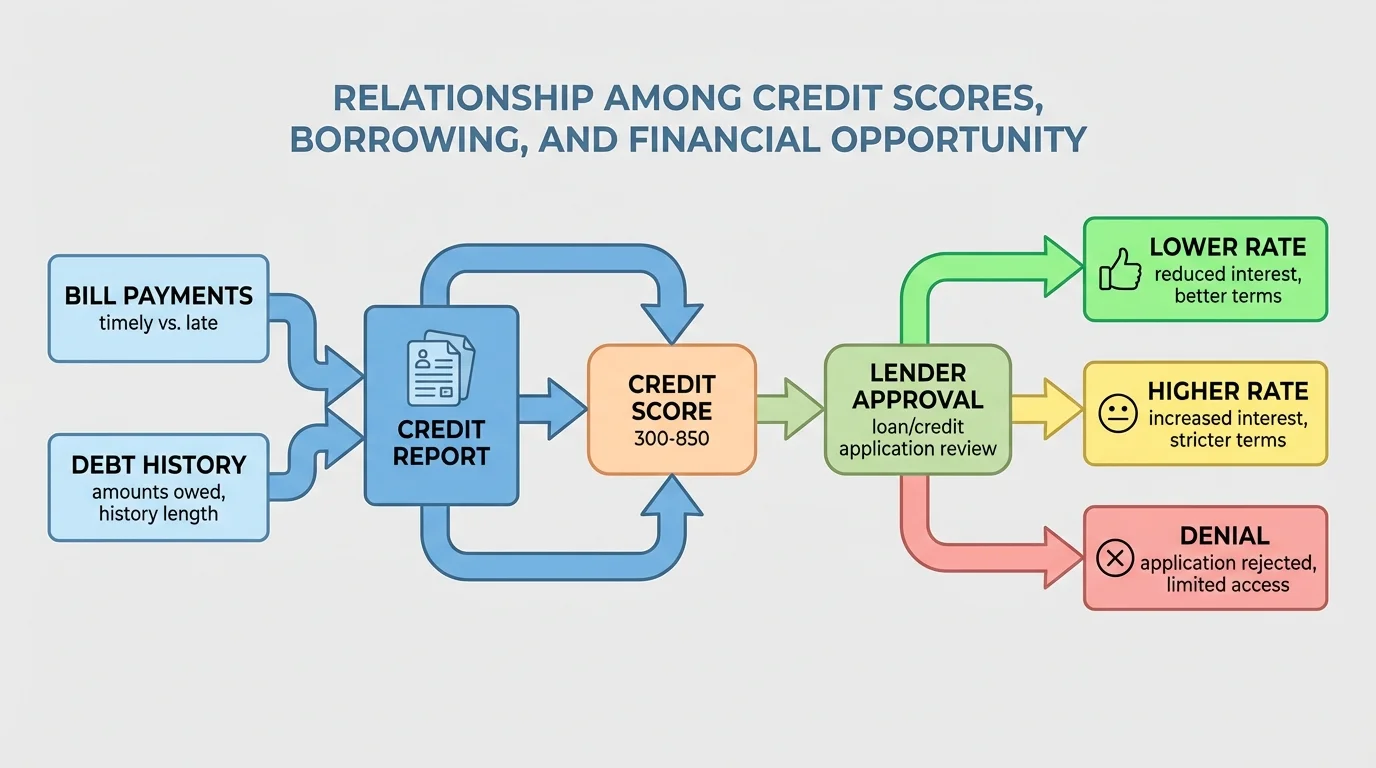 flowchart showing a consumer's bill payments and debt history feeding into a credit report, then a credit score, then lender approval, lower rate, higher rate, or denial decisions