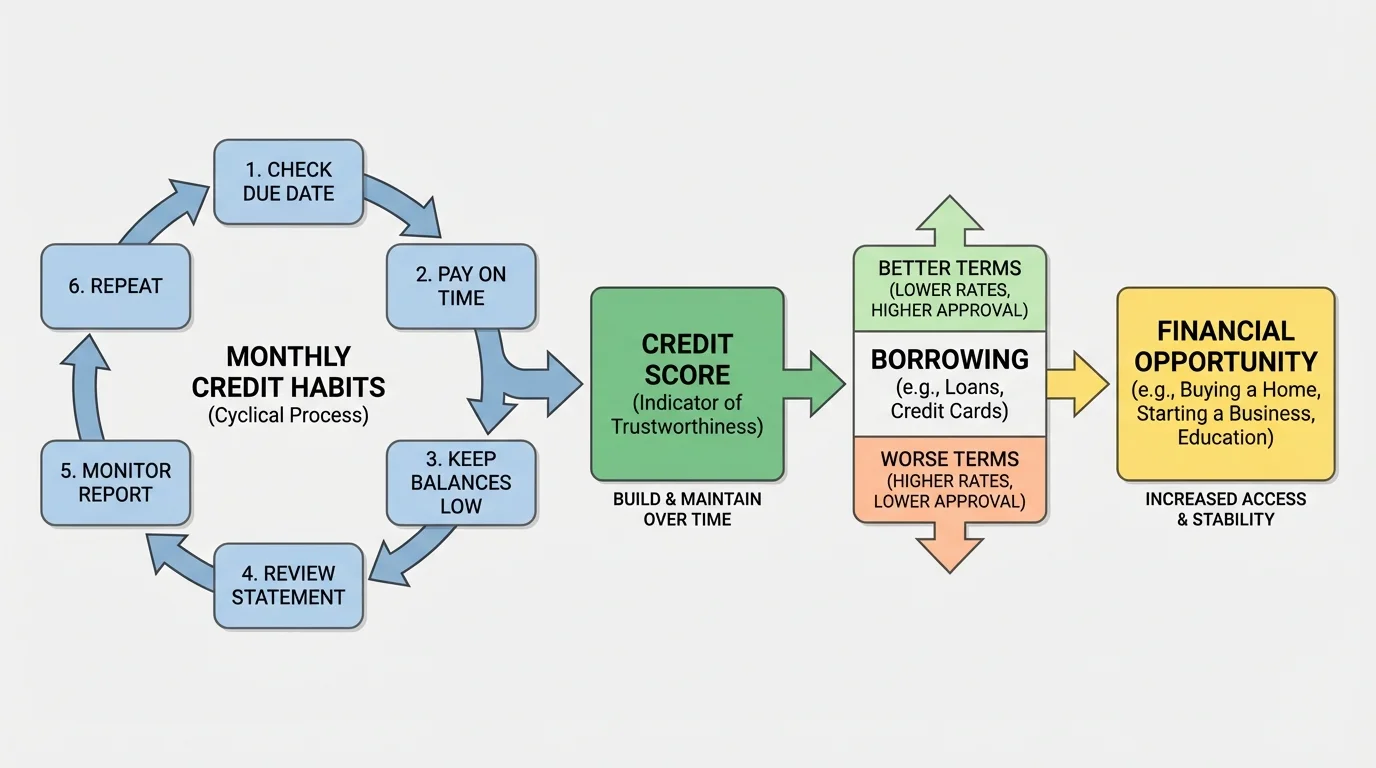 flowchart for monthly credit habits: check due date, pay on time, keep balances low, review statement, monitor report, repeat