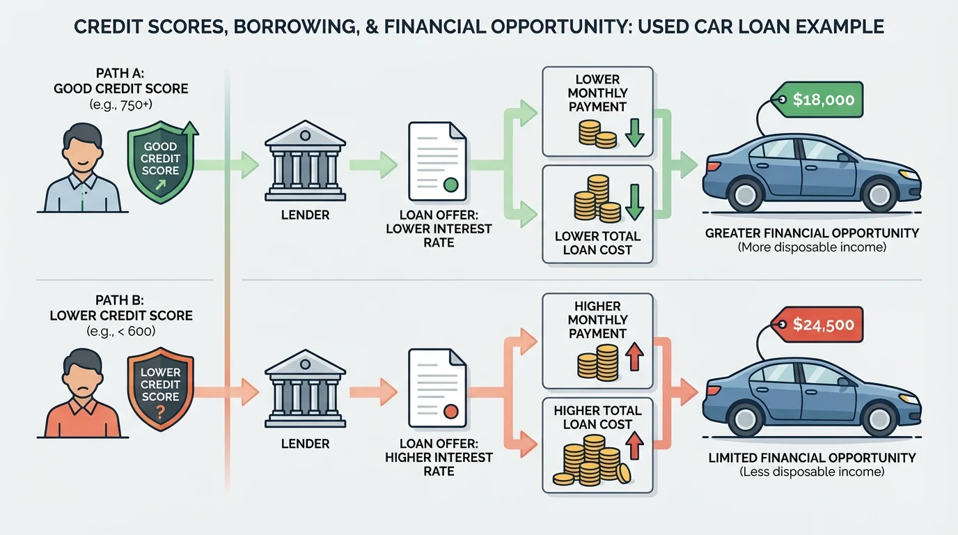 illustration of two borrowers buying the same used car, one with lower monthly payment and lower total cost, the other with higher monthly payment and higher total cost because of a worse loan rate