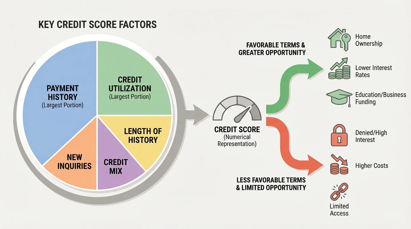 chart comparing key credit score factors with largest portions for payment history and credit utilization, and smaller portions for length of history, new inquiries, and credit mix