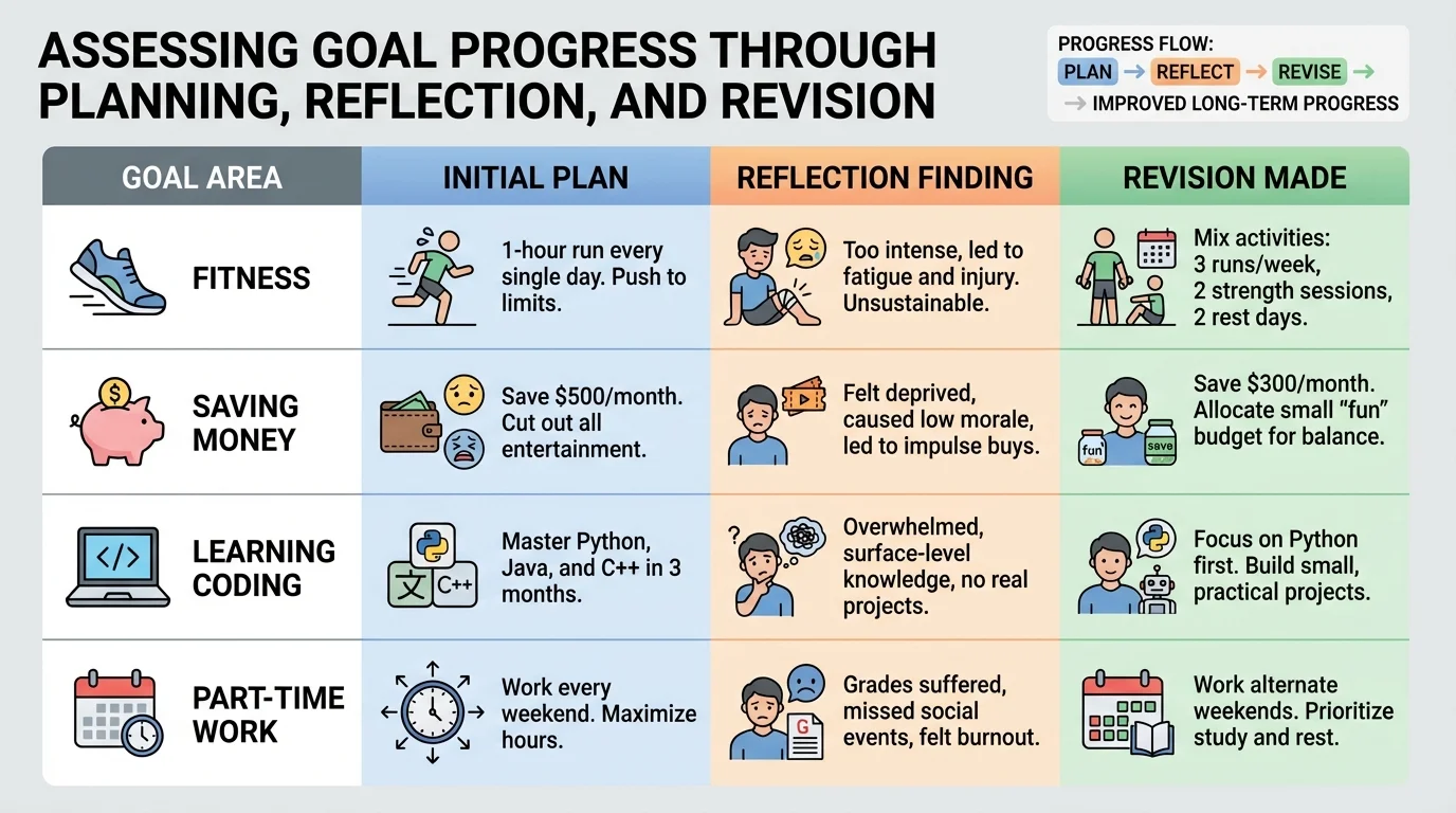 Chart comparing goals in fitness, saving money, learning coding, and part-time work, with columns for initial plan, reflection finding, and revision made