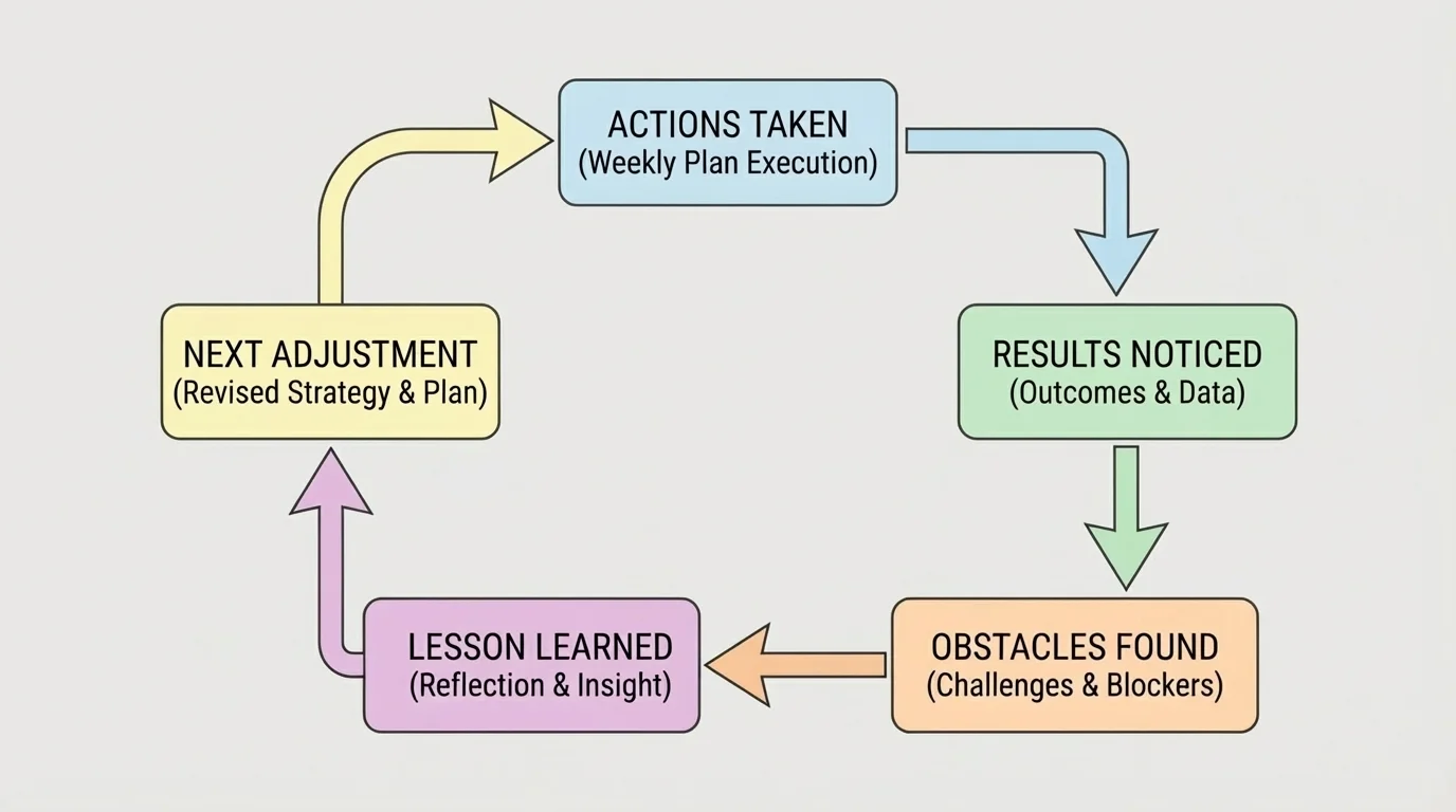 Flowchart showing weekly reflection cycle with boxes labeled actions taken, results noticed, obstacles found, lesson learned, next adjustment
