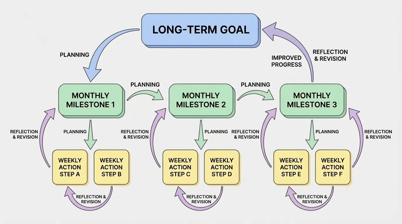 Flowchart showing a long-term goal at the top, monthly milestones in the middle, and weekly action steps at the bottom