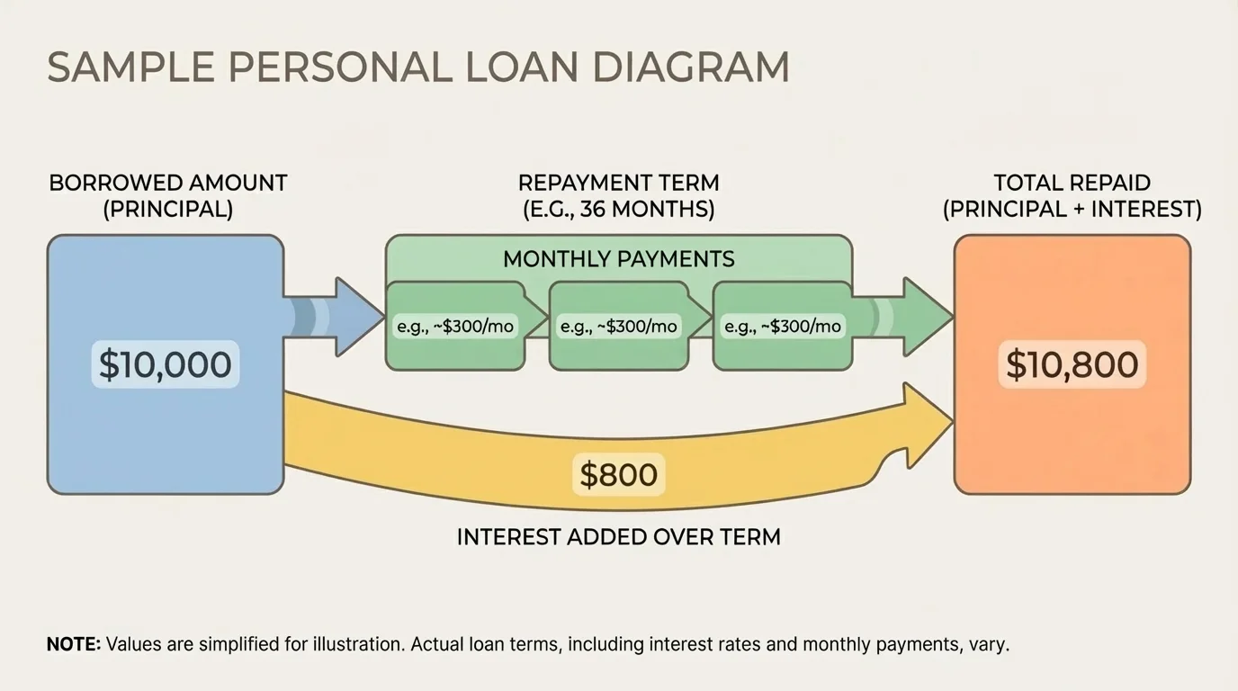 Diagram of a sample personal loan showing borrowed amount, monthly payments, interest added over the term, and total repaid