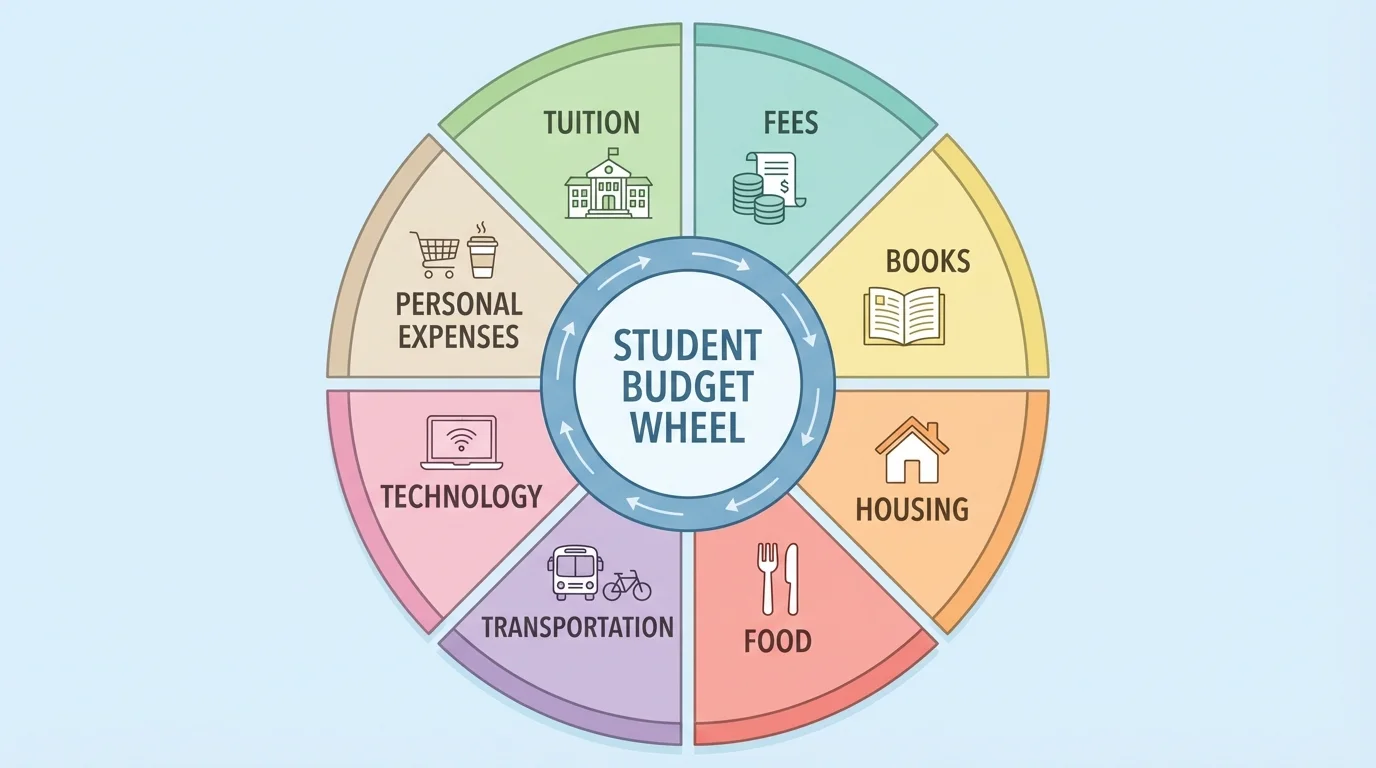 Illustration of a student budget wheel labeled tuition, fees, books, housing, food, transportation, technology, and personal expenses