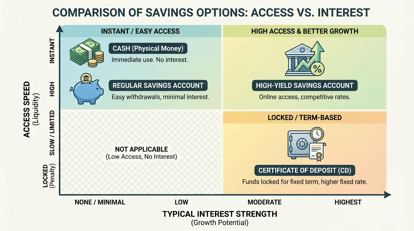 Chart comparing cash, regular savings account, high-yield savings account, and certificate of deposit by access speed and typical interest strength