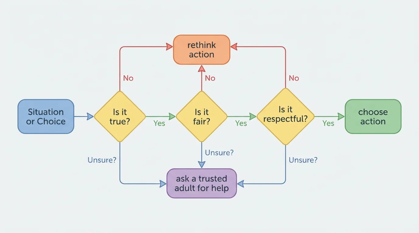 decision flow with boxes asking Is it true, Is it fair, Is it respectful, and ending with choose action, rethink action, or ask a trusted adult for help