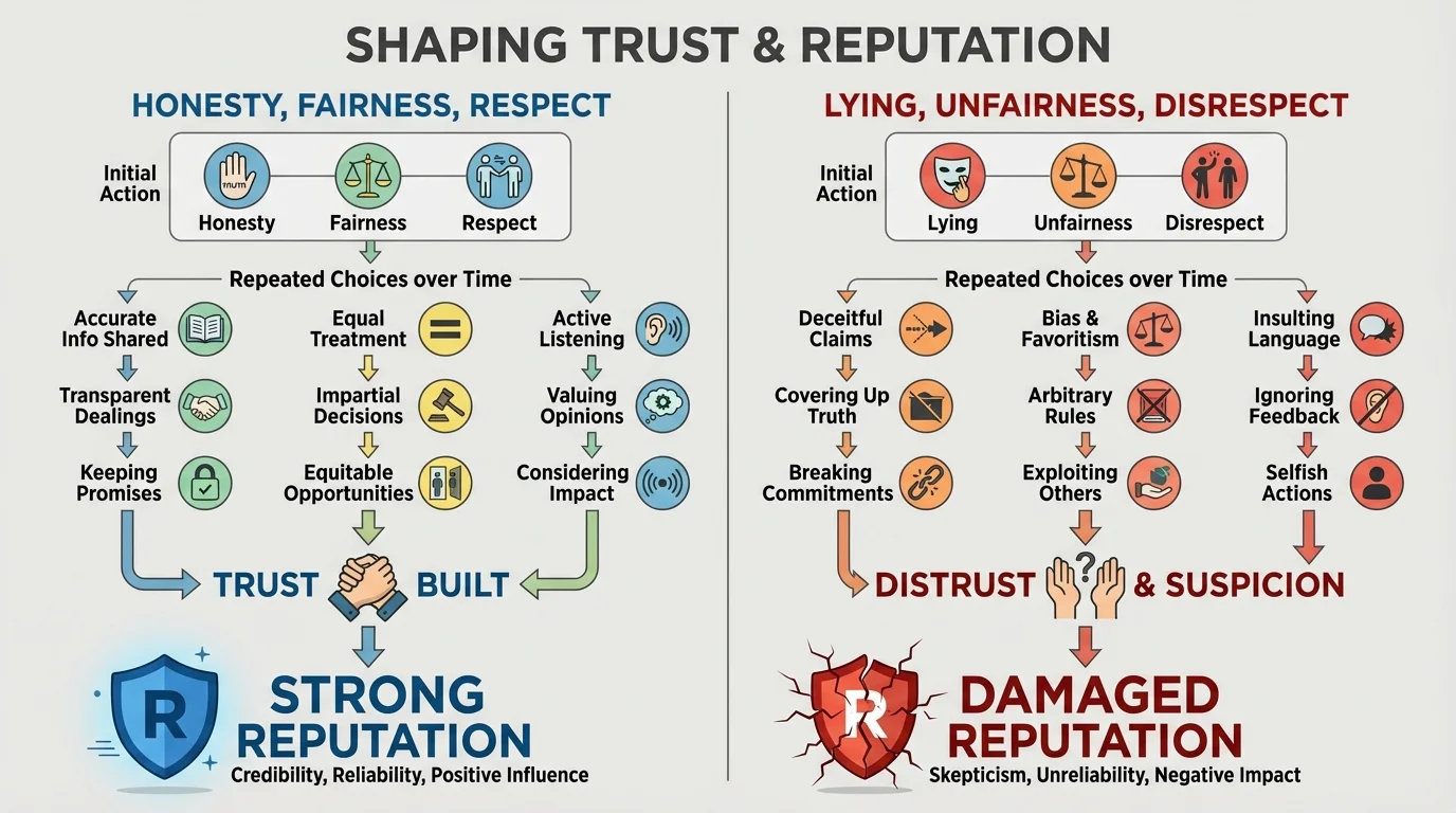 two-column comparison chart of repeated choices over time, with one side showing honesty fairness respect leading to strong reputation and the other side showing lying unfairness disrespect leading to damaged reputation